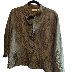 CHICOS OLIVE GREEN COOL CRINKLE RUFFLED JOLENA JACKET SIZE 2 (LARGE - 12) VNECK